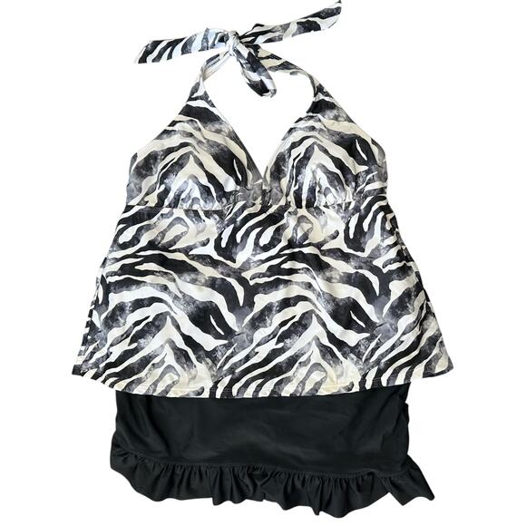 2/$15 Catalina Zebra Print Swim Set Halter Tankini Top + Skirt Swimsuit Size L - Picture 1 of 11